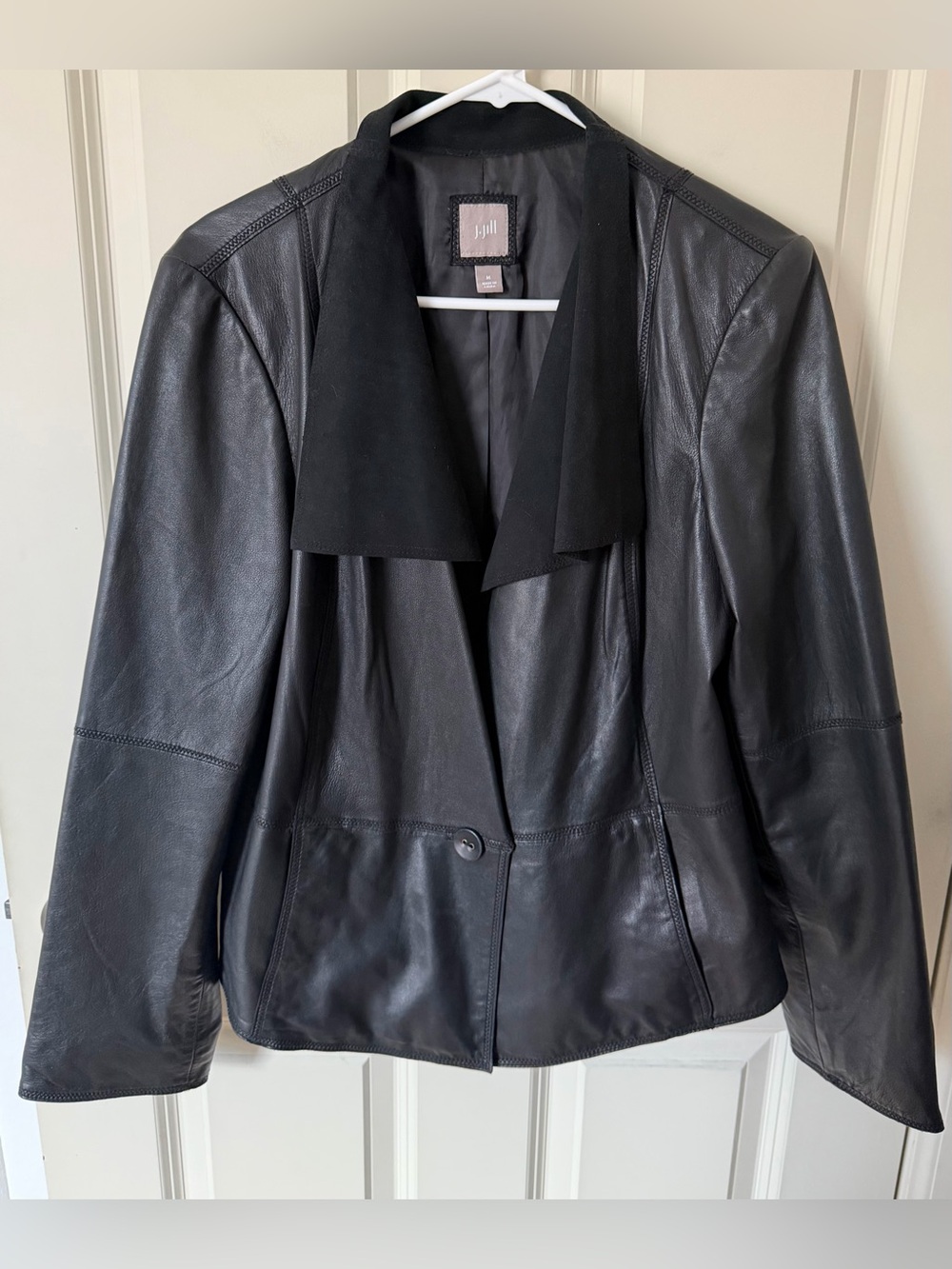 J Jill Draped Collar Genuine Leather Jacket, Black, Medium